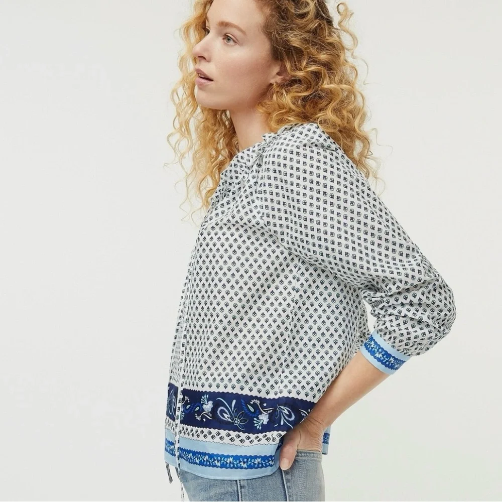 J.Crew Tie-front Ruffle Top in Blue Ribbon Block Print Organic Cotton NWT Medium - Picture 10 of 10